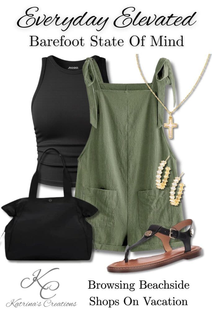 Woman’s casual beach vacation outfit featuring an olive green romper layered over a black cropped tank top with black sandals, black tote bag, gold cross necklace, and gold hoop earrings styled for coastal travel and summer sightseeing.