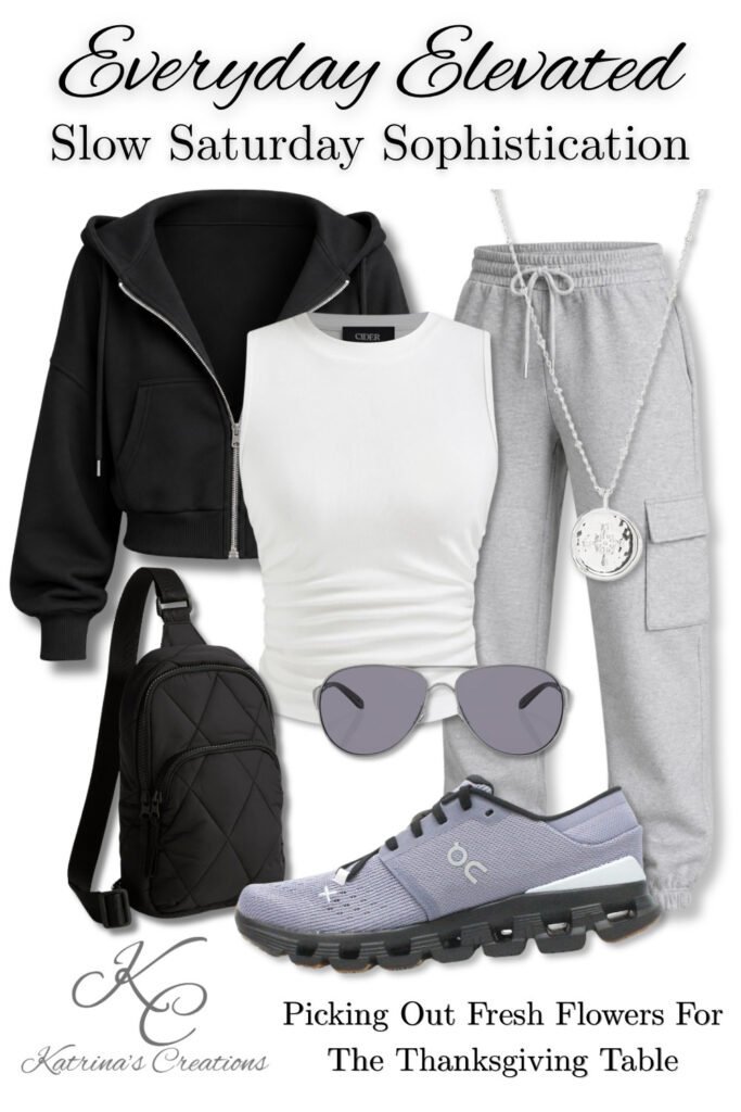 Woman wearing a black zip hoodie, white fitted tank, gray jogger pants, and athletic sneakers while carrying fresh flowers at a fall farmers market surrounded by pumpkins and seasonal blooms.