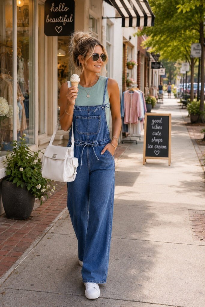 Woman enjoying ice cream while strolling through a charming downtown shopping district wearing a sage tank top, denim jumpsuit, white sneakers, and a white crossbody bag on a sunny afternoon.  Casual denim jumpsuit outfit for weekend outings