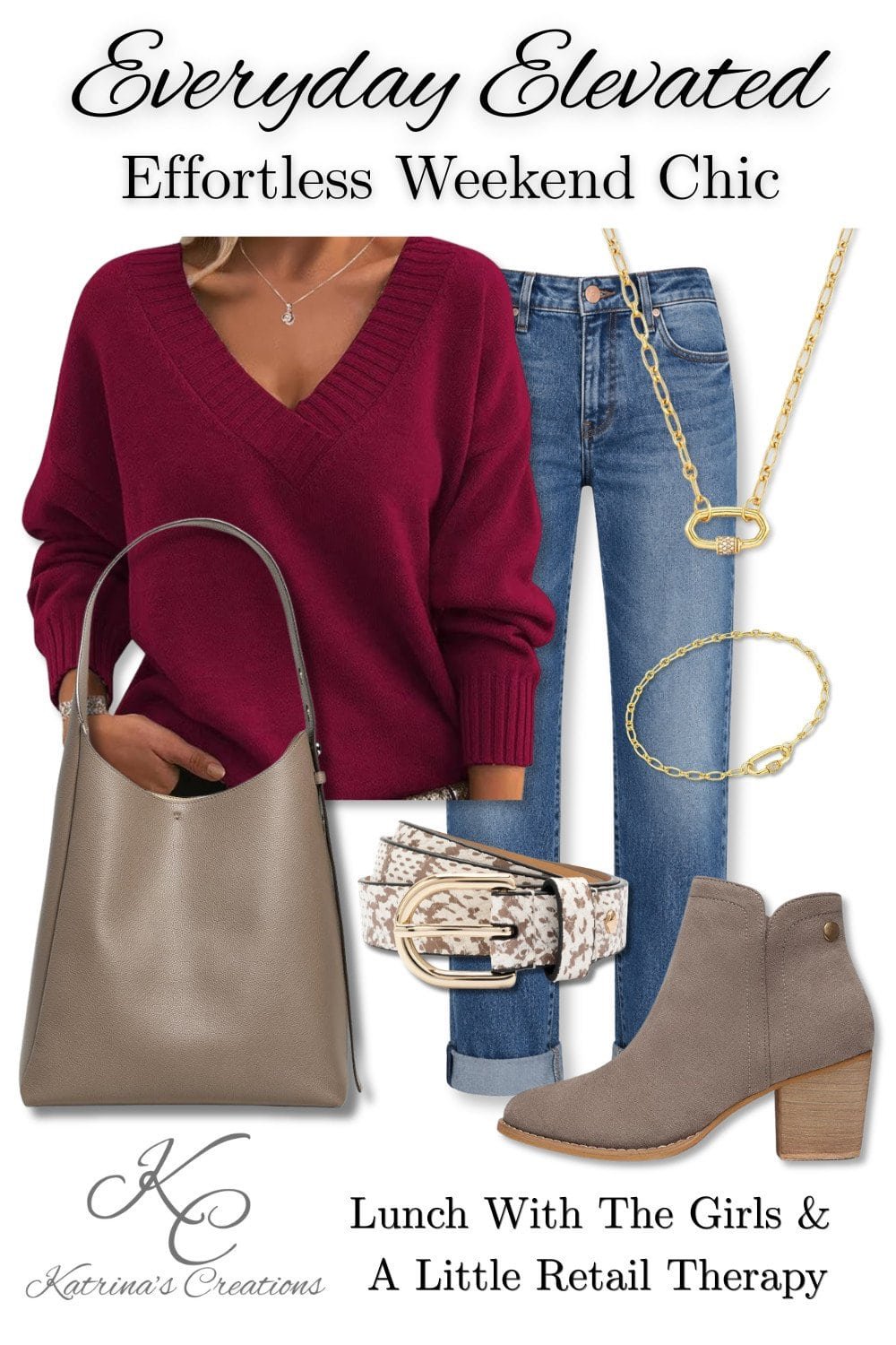 Woman wearing a berry v-neck sweater styled with cuffed blue jeans, taupe ankle boots, a neutral tote bag, gold jewelry, and a patterned belt for a casual weekend outfit perfect for lunch with friends and shopping.