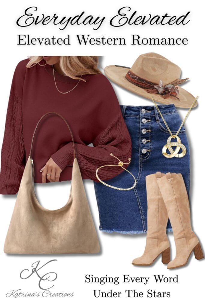 Woman wearing a burgundy sweater with textured sleeves, button-front denim skirt, tan western hat, cream suede boots, slouchy neutral shoulder bag, and gold jewelry styled as an elevated western outfit for country concert nights and fall festivals.