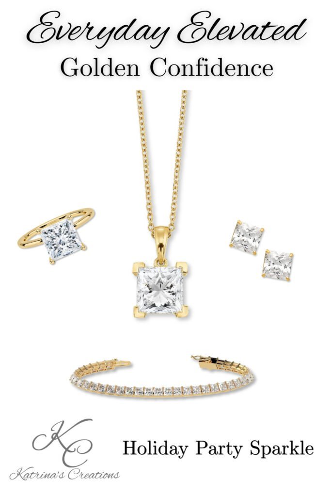 Elegant gold jewelry set with a square diamond pendant, matching earrings, and a sparkling bracelet.