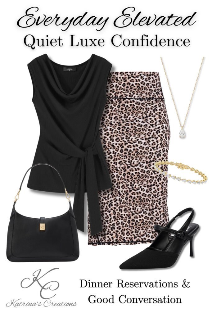 Woman’s quiet luxe outfit featuring a black draped sleeveless top, leopard print midi skirt, black handbag, black heels, gold bracelet, and delicate pendant necklace styled for date night and elegant evening occasions.