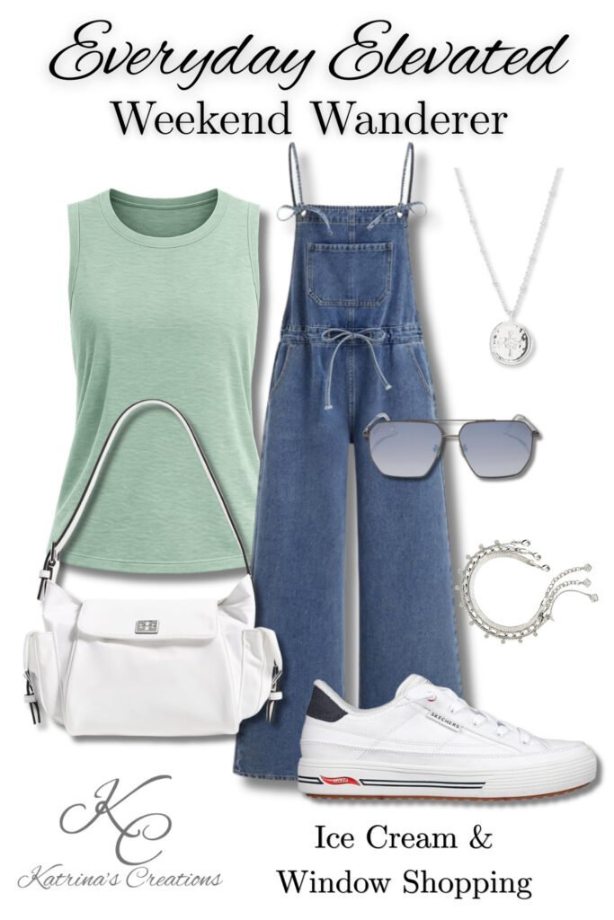 Casual weekend outfit featuring a sage green tank top, denim jumpsuit, white crossbody bag, white sneakers, silver jewelry, and sunglasses styled for summer outings and everyday adventures.
