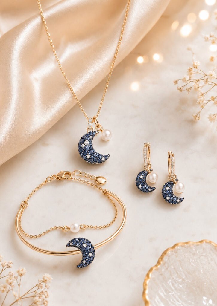 Blue crescent moon necklace, bracelet, and earrings arranged on cream marble with champagne satin, pearl accents, and warm lighting.
