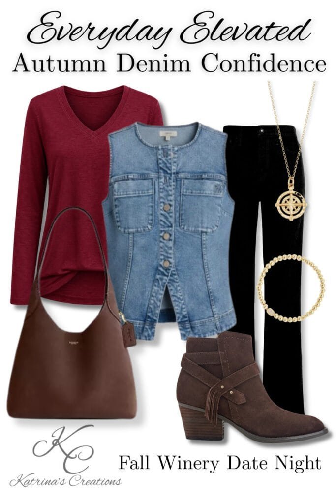 Fall winery date night outfit featuring a burgundy V-neck top, light-wash denim vest, black straight-leg jeans, brown ankle boots, brown shoulder bag, and gold jewelry.