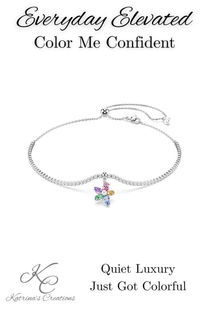Colorful silver jewelry for women featuring an adjustable crystal necklace with a multicolored floral charm