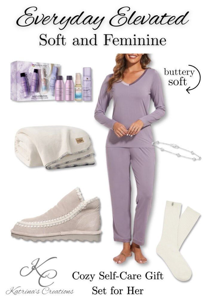 Soft and feminine pajama gift set for her with lavender pajamas, cozy UGG boots, cream socks, blanket, silver bracelet and Pureology haircare gift set