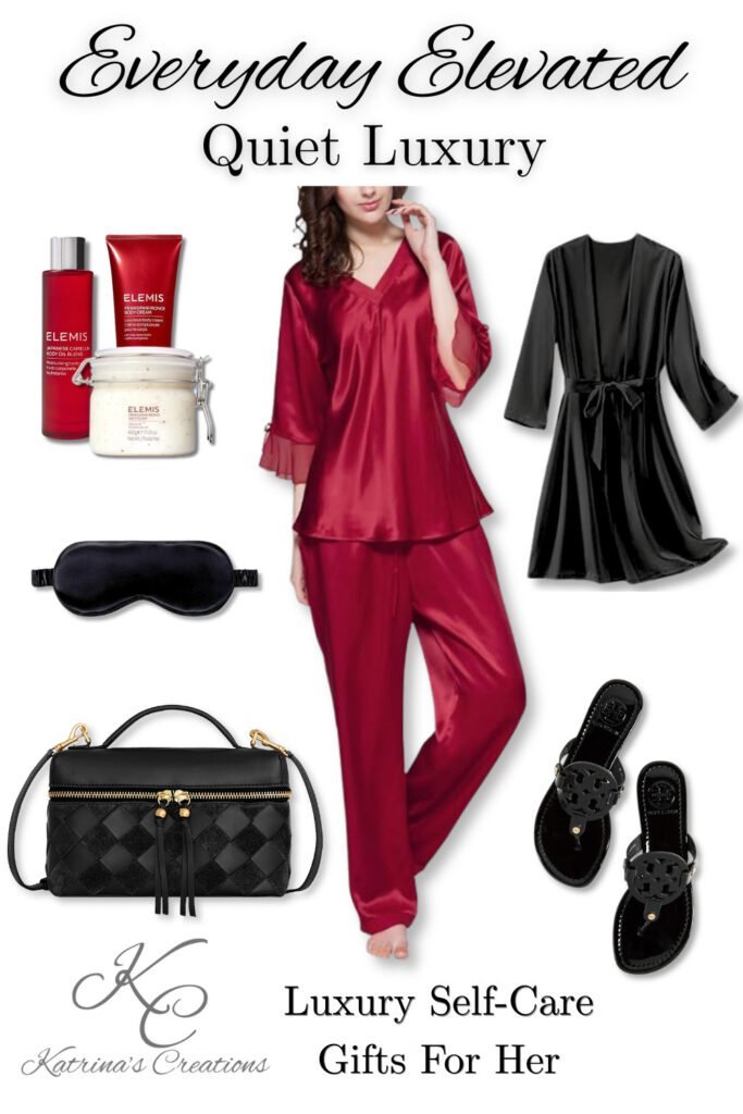 Quiet luxury pajama gift set for her featuring burgundy satin pajamas, black robe, luxury skincare, woven handbag, sandals and sleep mask for an elegant holiday gift.