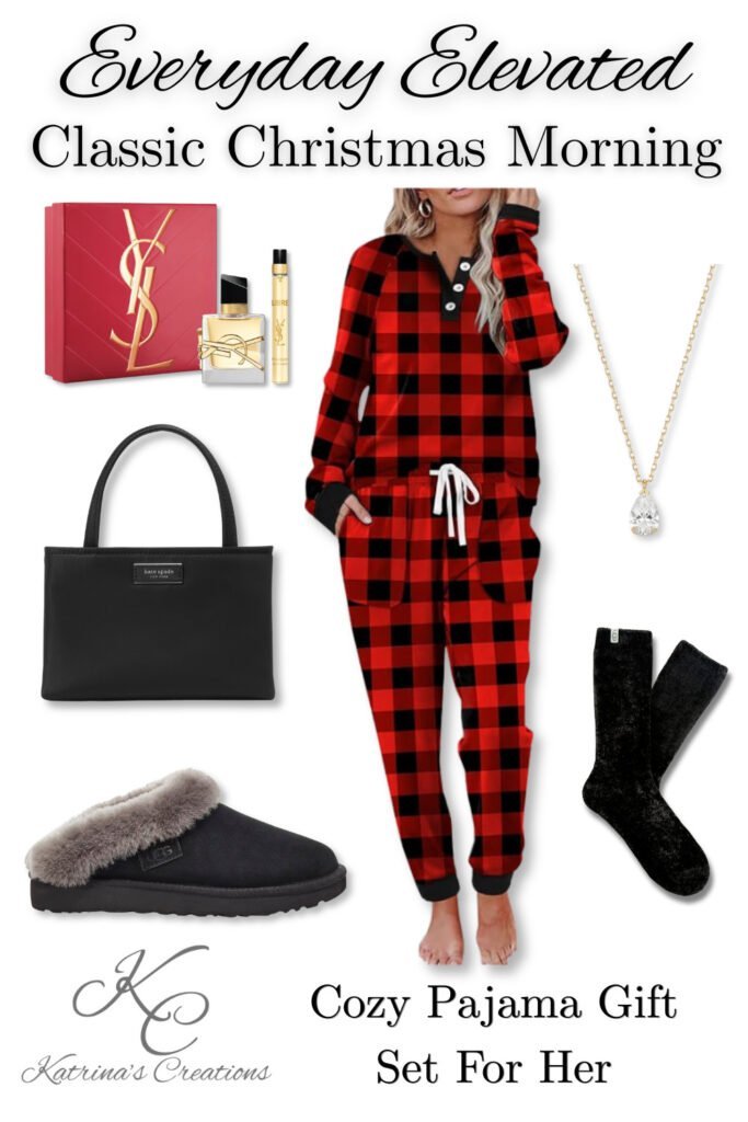 Red and black plaid pajama gift set for her with cozy slippers, fuzzy socks, black tote, gold necklace and YSL perfume for Christmas morning