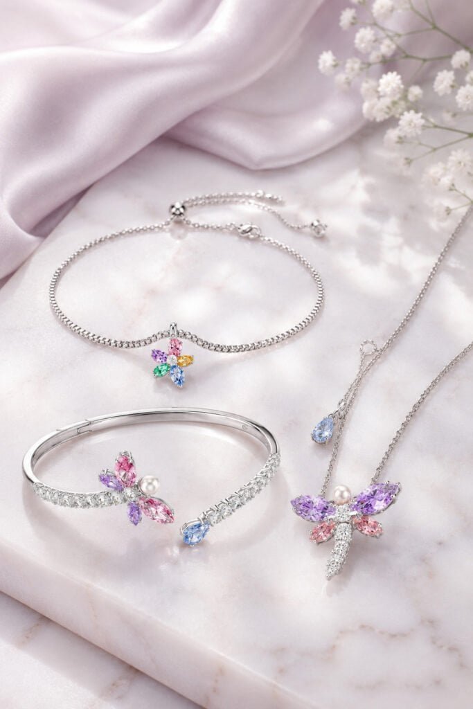Colorful silver jewelry for women set featuring crystal bracelet, a butterfly bangle, and a dragonfly necklace for affordable everyday luxury.