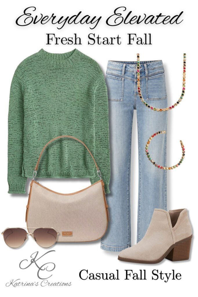 Casual fall outfit with straight leg jeans, sage green knit sweater, beige ankle boots, neutral shoulder bag, sunglasses and colorful jewelry.