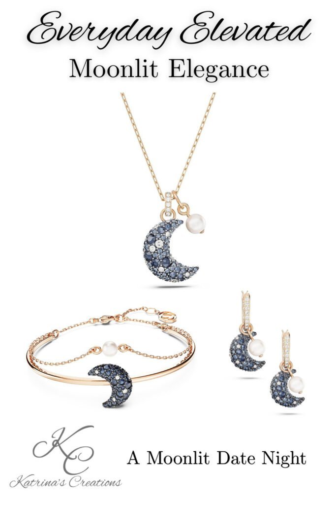 Blue crescent moon jewelry set with gold-tone necklace, bracelet, matching earrings, crystal details, and pearl accents.