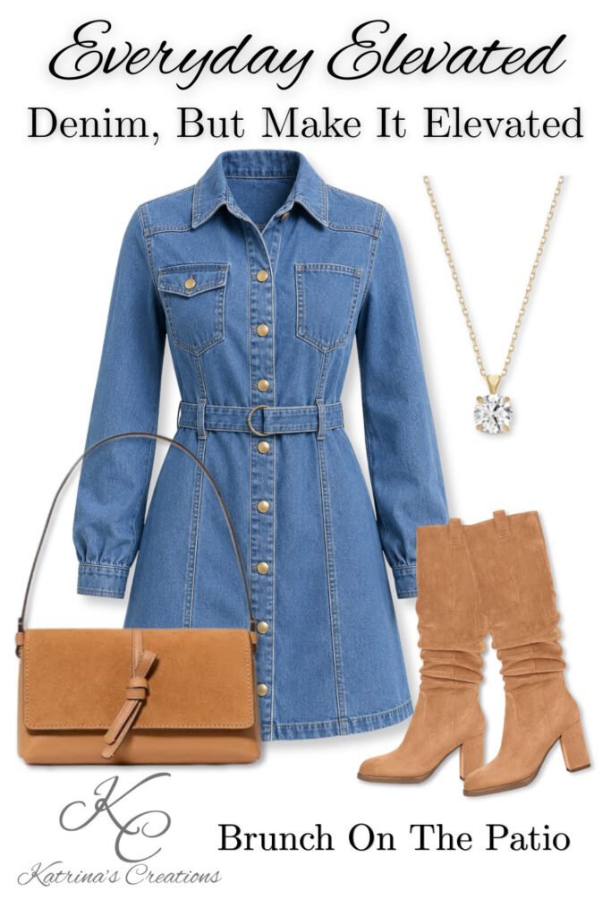 Light-wash belted denim shirt dress styled with caramel knee-high boots, a tan crossbody bag, and a gold pendant necklace for brunch on the patio.
