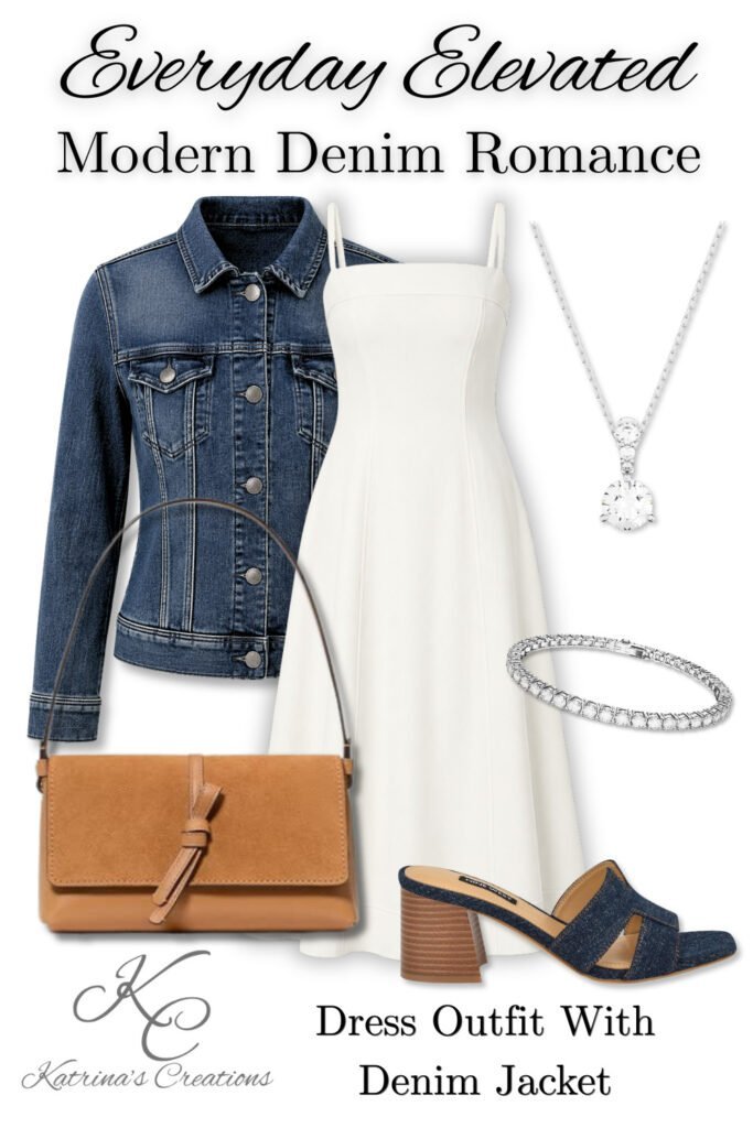 Ivory midi dress styled with a dark-wash denim jacket, denim block-heel sandals, a caramel crossbody bag, pendant necklace, and tennis bracelet.