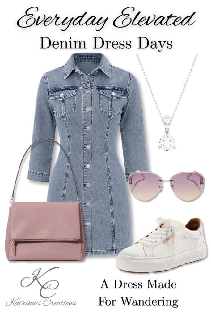Light-wash button-front denim dress styled with white sneakers, a blush pink handbag, oversized sunglasses, and a delicate pendant necklace.