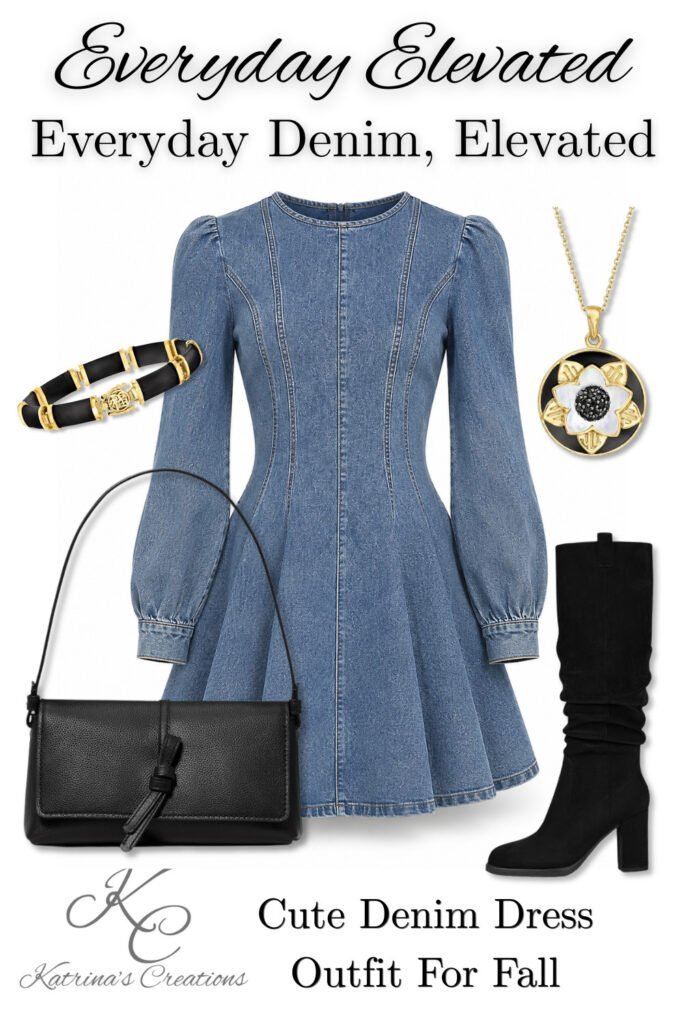 light-wash long-sleeve denim mini dress with black knee-high boots and a black shoulder bag