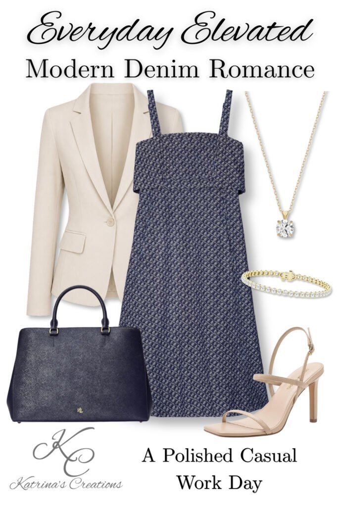 Blue textured sleeveless dress styled with a neutral blazer, navy structured handbag, nude heeled sandals, pendant necklace, and tennis bracelet for a polished casual work day outfit.