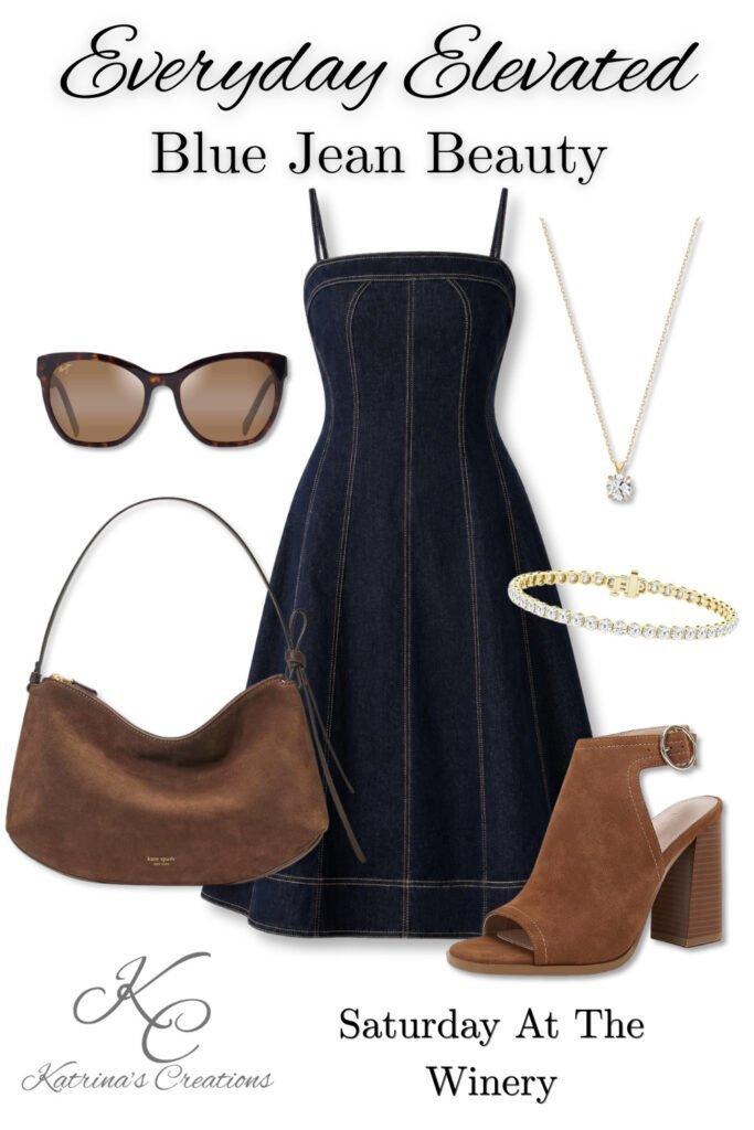 Dark-wash denim midi dress styled with brown suede ankle boots, a chocolate-brown shoulder bag, tortoiseshell sunglasses, a pendant necklace, and a tennis bracelet for a winery outfit.