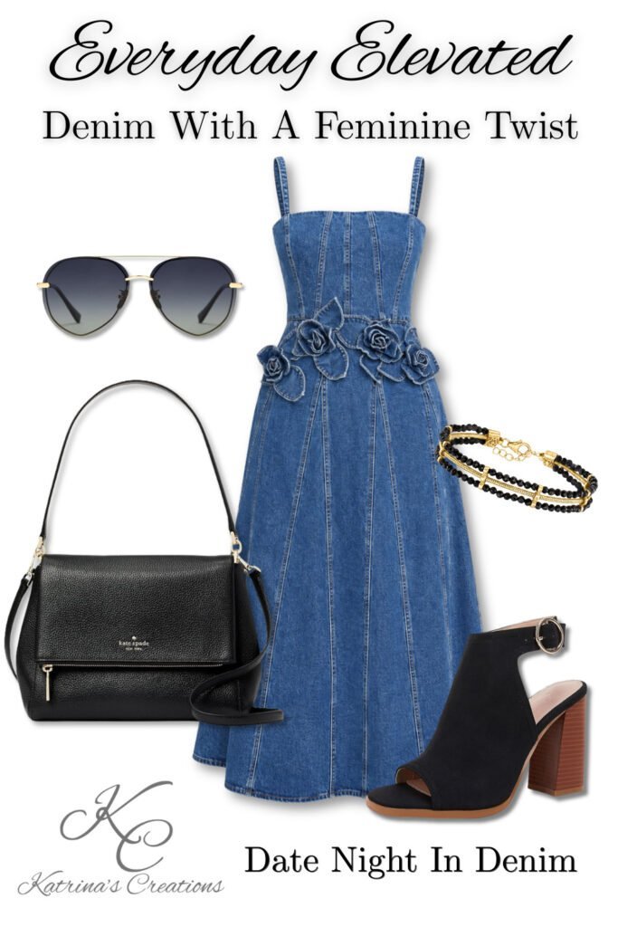 Blue denim midi dress with floral waist detail styled with black peep-toe heeled booties, a black handbag, oversized sunglasses, and a black-and-gold bracelet for a date night denim outfit.