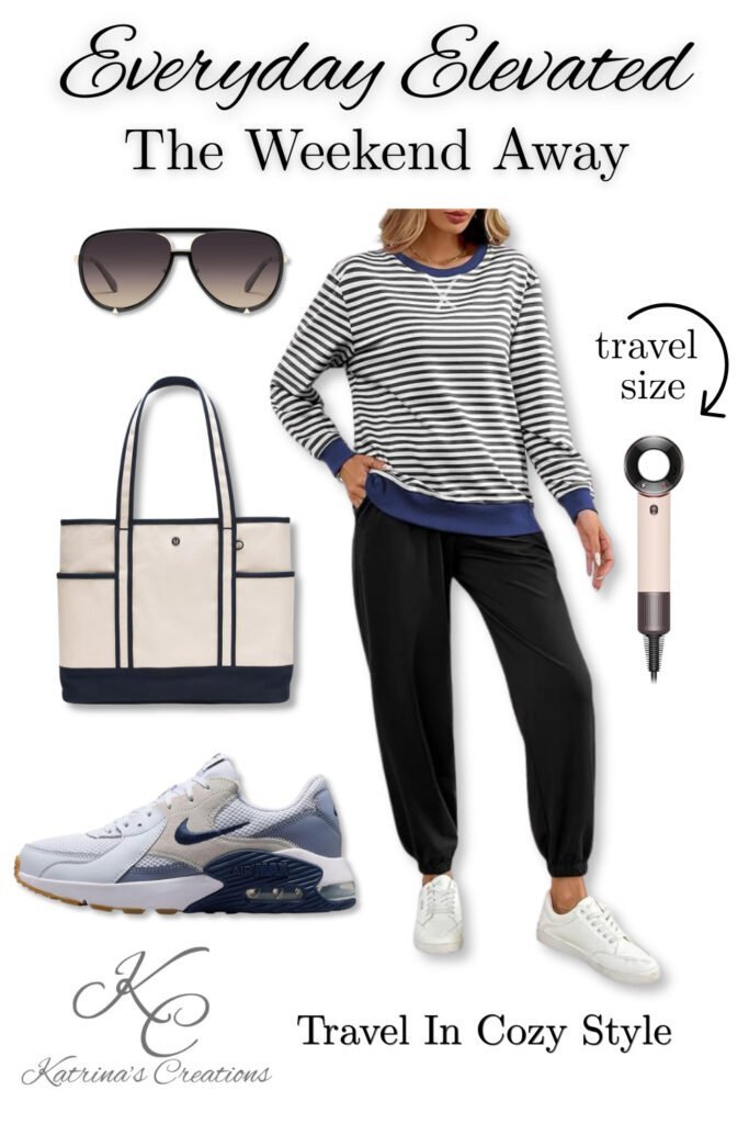 Striped lounge set, canvas tote bag, travel-size hair dryer, sneakers, sunglasses and cozy travel essentials completing this cozy holiday gift guide for women
