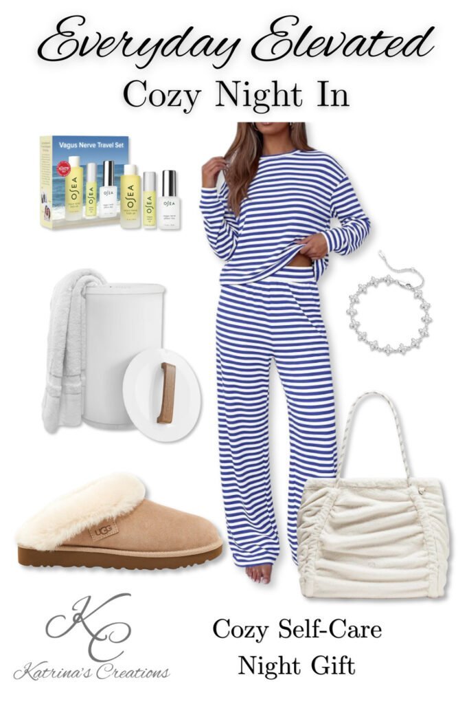 Cozy night-in gift set for women featuring striped pajamas, UGG slippers, spa self-care set, plush tote bag, jewelry and cozy home essentials perfect for a cozy holiday gift guide for women.  