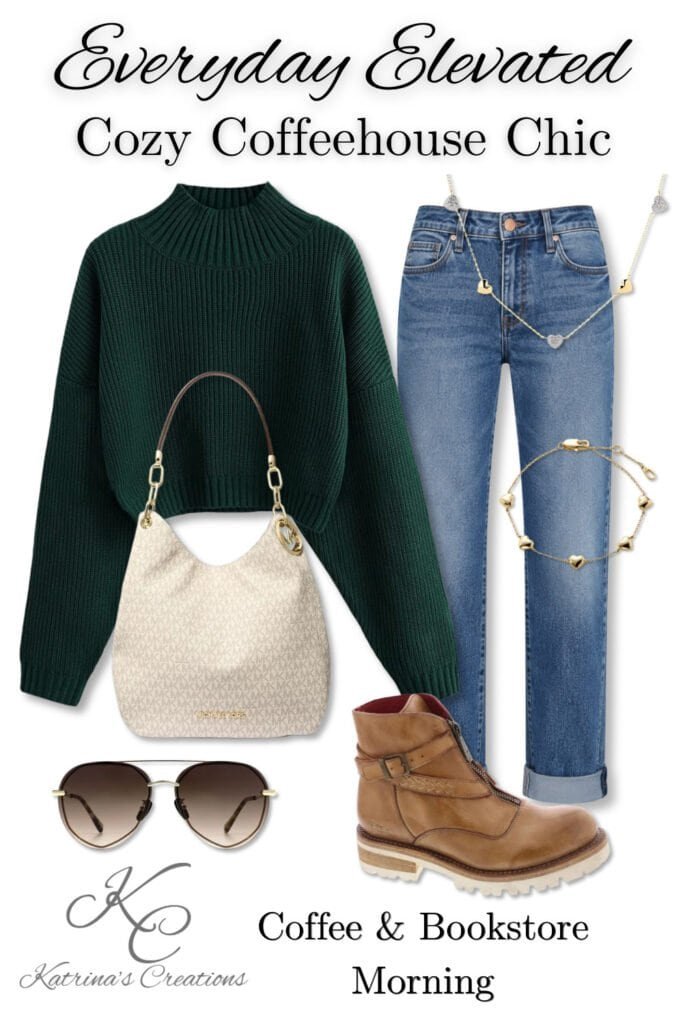 Flat lay featuring an emerald green ribbed sweater, cuffed blue jeans, tan leather ankle boots, cream Michael Kors shoulder bag, aviator sunglasses, gold heart jewelry, and casual fall accessories styled for a cozy coffeehouse chic outfit for women.